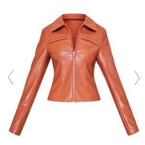 TAN SEAM FRONT ZIPPED FAUX LEATHER JACKET